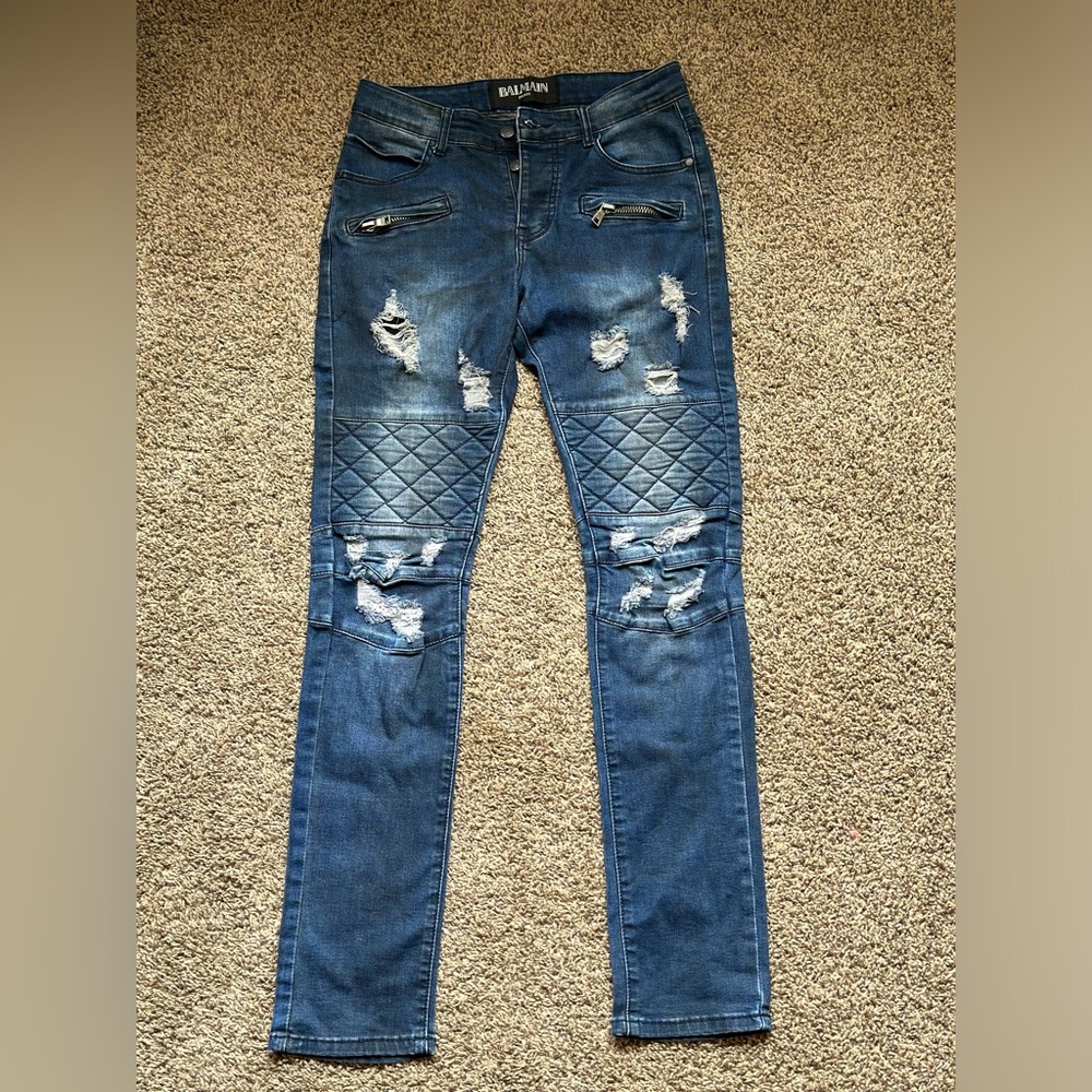 AUTHENTIC BALMAIN PARIS Distressed Ribbed Biker Dark Wash Jeans Size 30